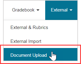 Document Upload is the third option in the External drop down menu.
